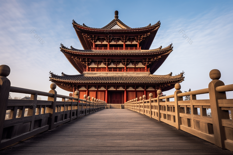 桥的对面是气派美观的三层楼阁中式建筑,高清,摄影图,摄影图片,图片大全,摄影图免费下载